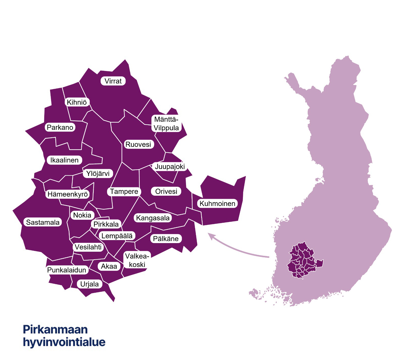 Pirkanmaan hyvinvointialueen kunnat sijoitettuna suomen karttaan.